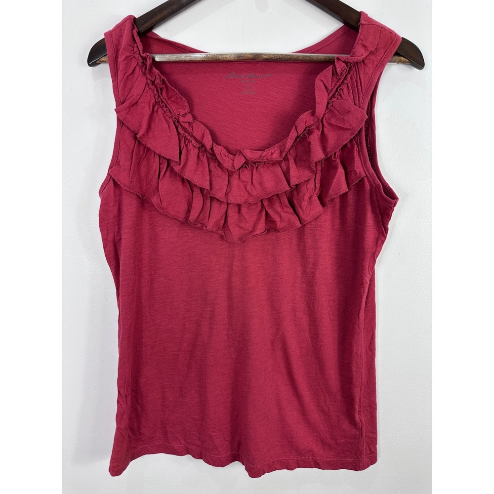 Eddie Bauer Ruffle Tank Top Womens Large Red Cotton‎ Slub Sleeveless Scoop Neck